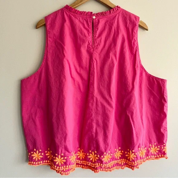 J. Crew Hot Pink Sleeveless Ruffle-Neck Tank with Orange Floral Trim 3X - Picture 3 of 14